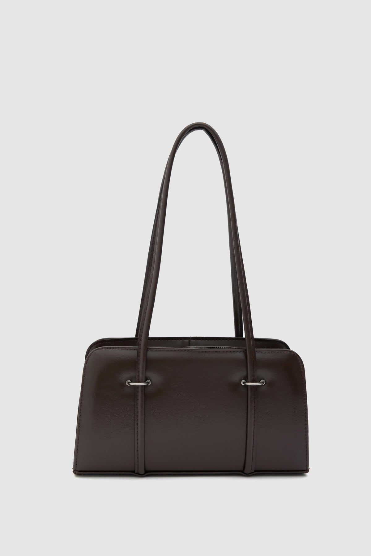 Badr Metal-Detail Baguette Bag in espresso brown, women's mini shoulder bag