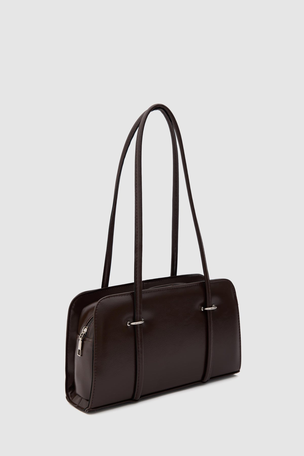 Badr espresso brown baguette bag with metal detail, view 2