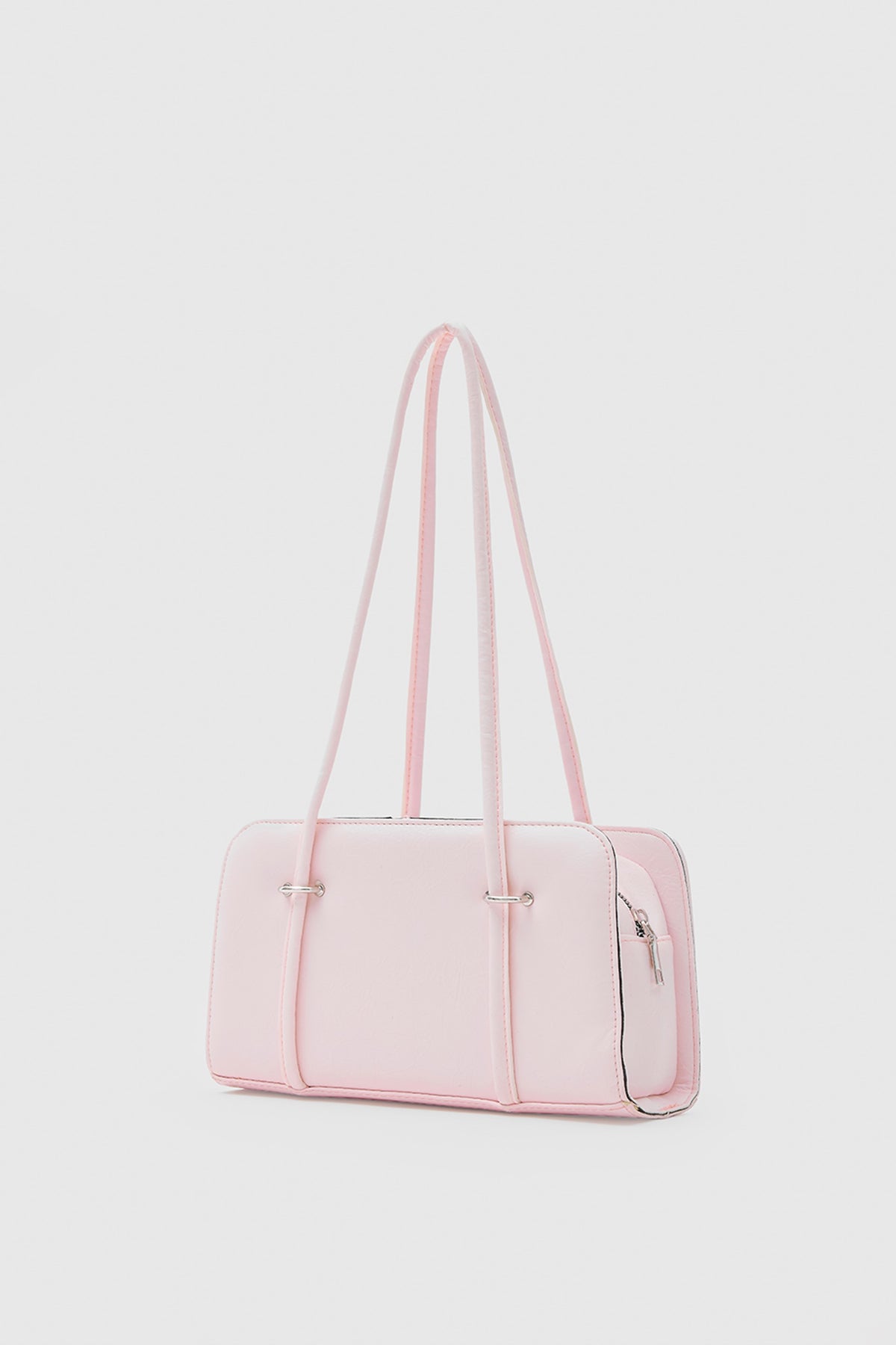Badr powder pink baguette bag with metal detail, view 2
