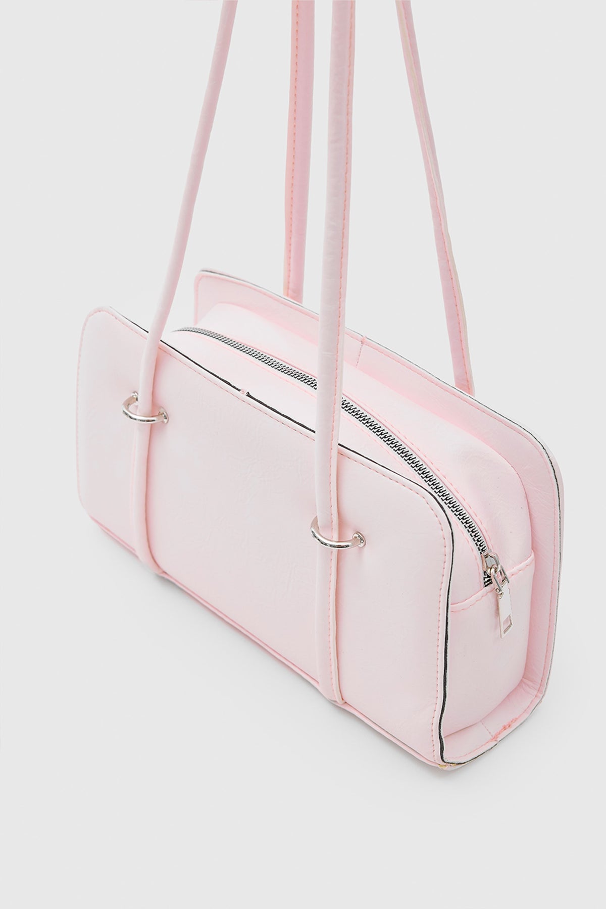Badr powder pink baguette bag with metal detail, view 3