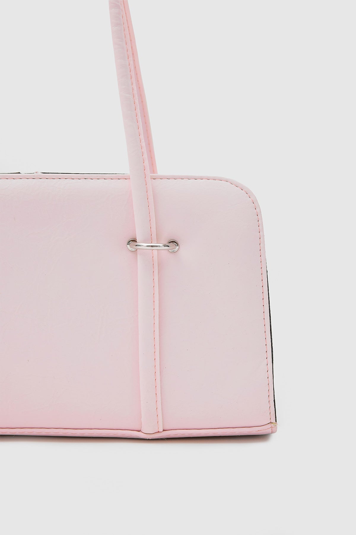 Badr powder pink baguette bag with metal detail, view 4