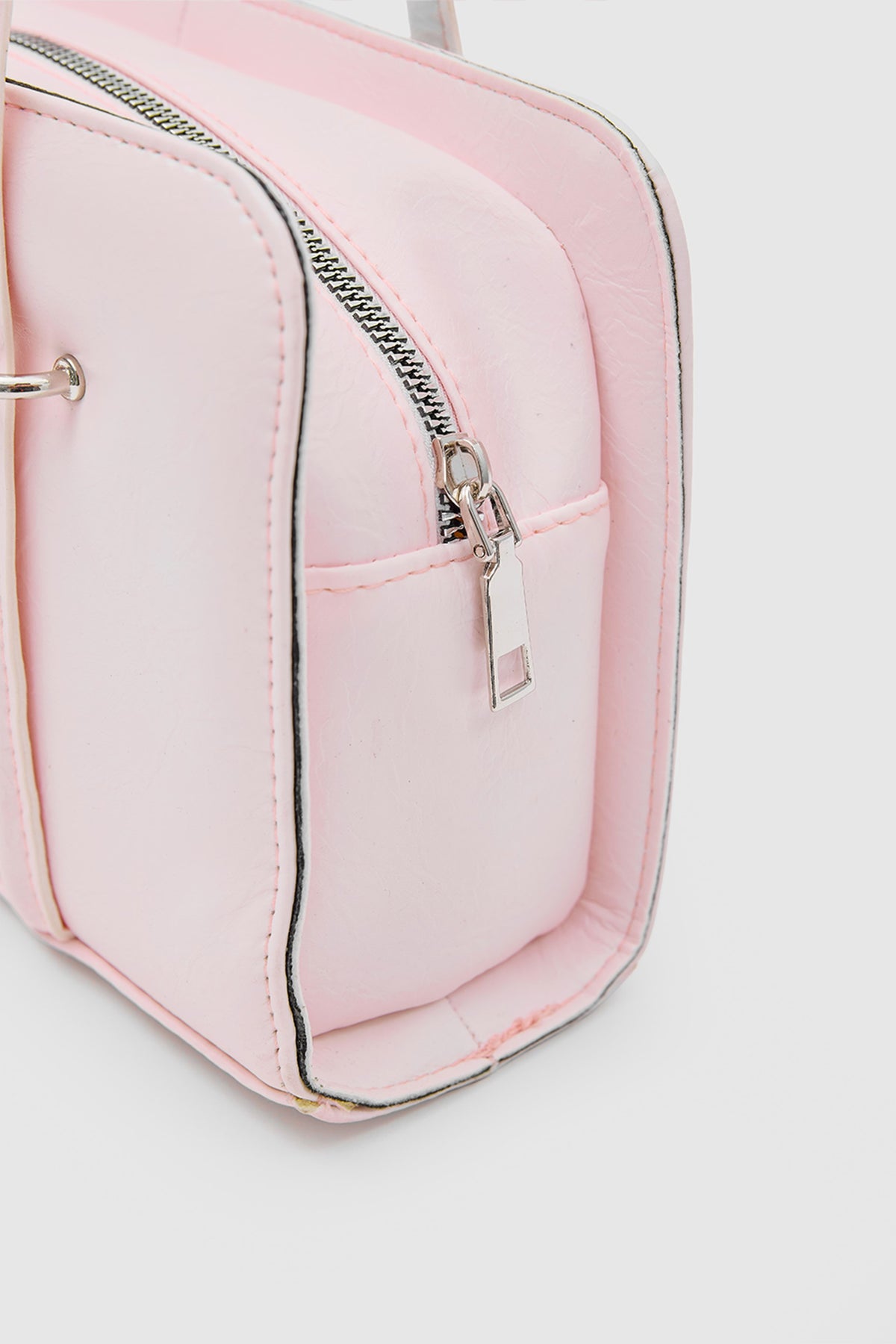 Badr powder pink baguette bag with metal detail, view 5