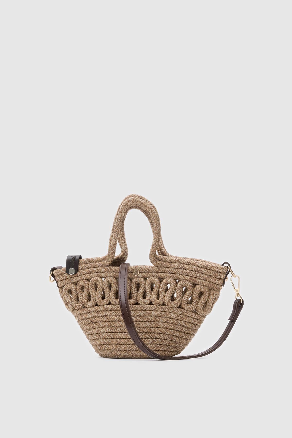Kawkab Mini Straw Crossbody Bag in taupe, view 2 – Nouva