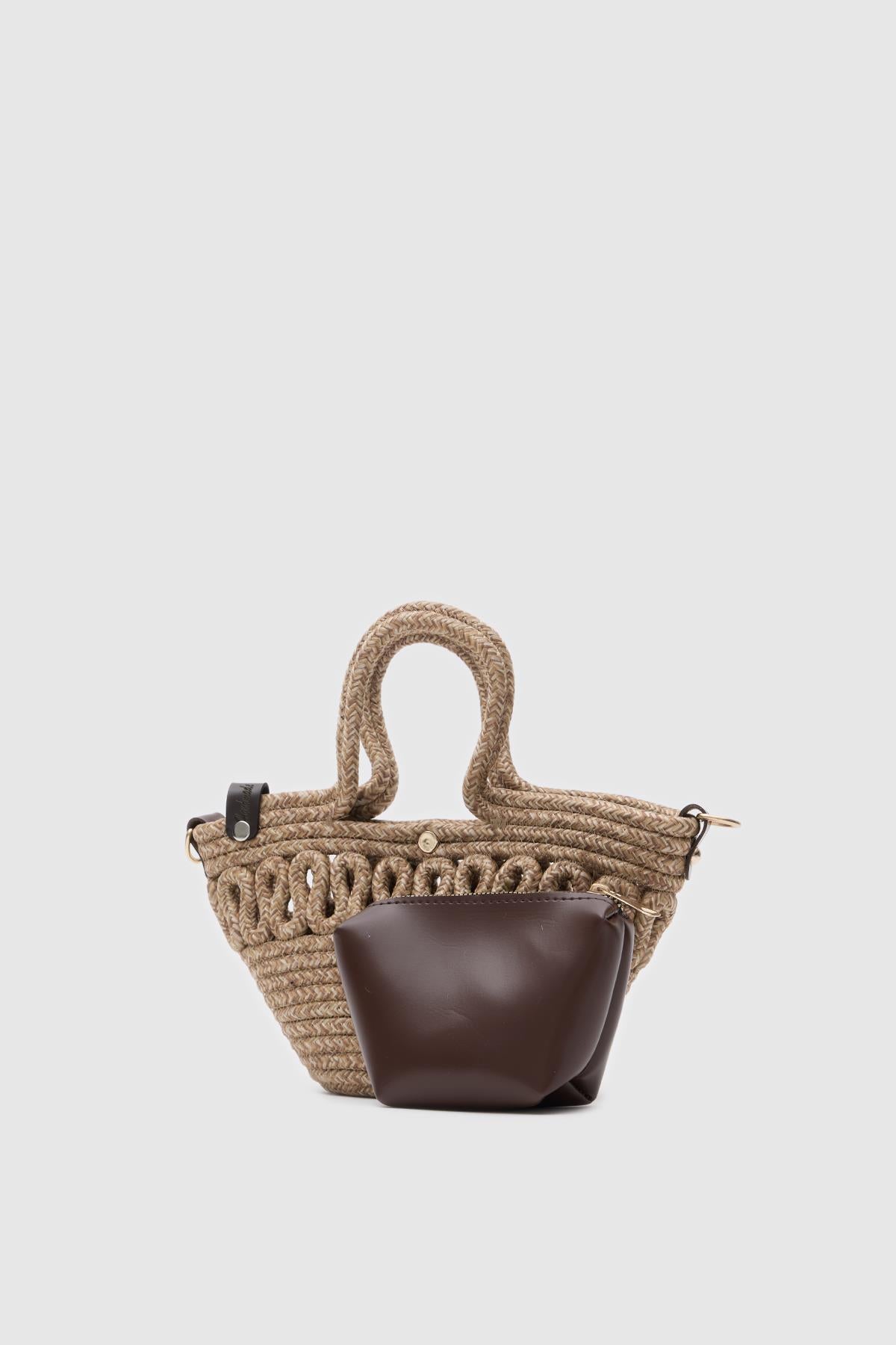 Kawkab Mini Straw Crossbody Bag in taupe, view 3 – Nouva