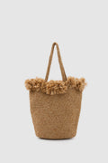 Suha Tasseled Straw Shoulder Bag in taupe – women's straw shoulder bag by Nouva