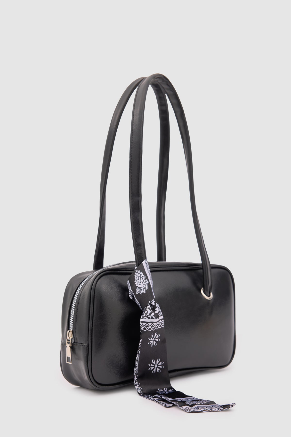 Thurayya Scarf-Detail Baguette Bag in black, view 2 – Nouva