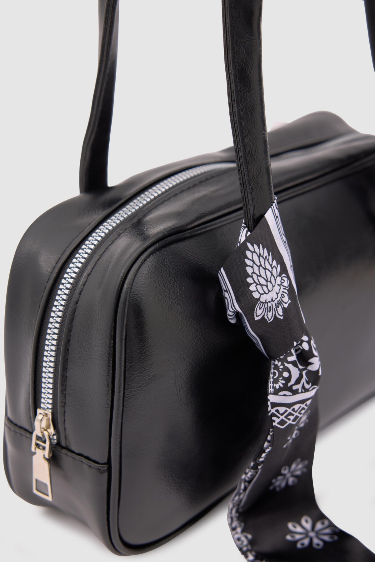 Thurayya Scarf-Detail Baguette Bag in black, view 3 – Nouva