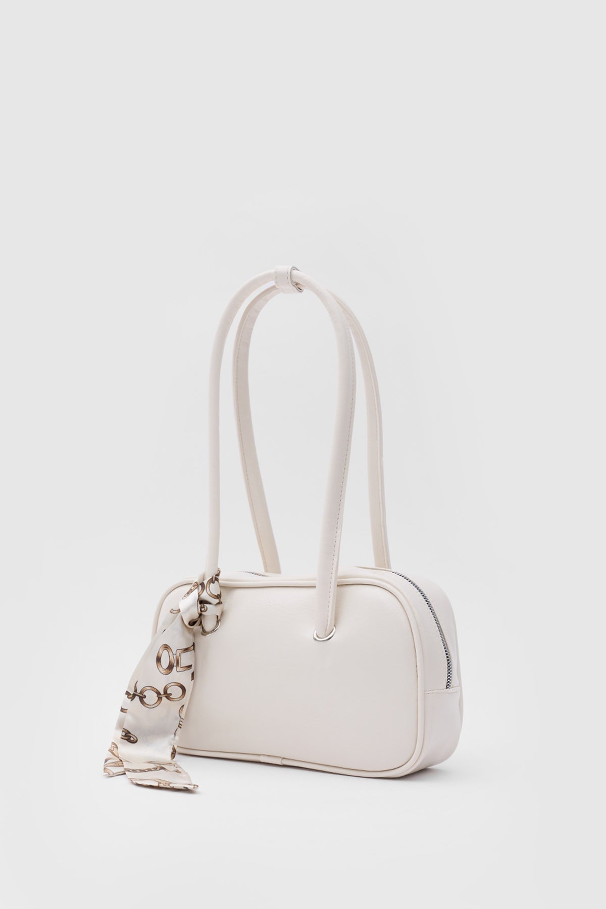 Thurayya Scarf-Detail Baguette Bag in cream, view 2 – Nouva