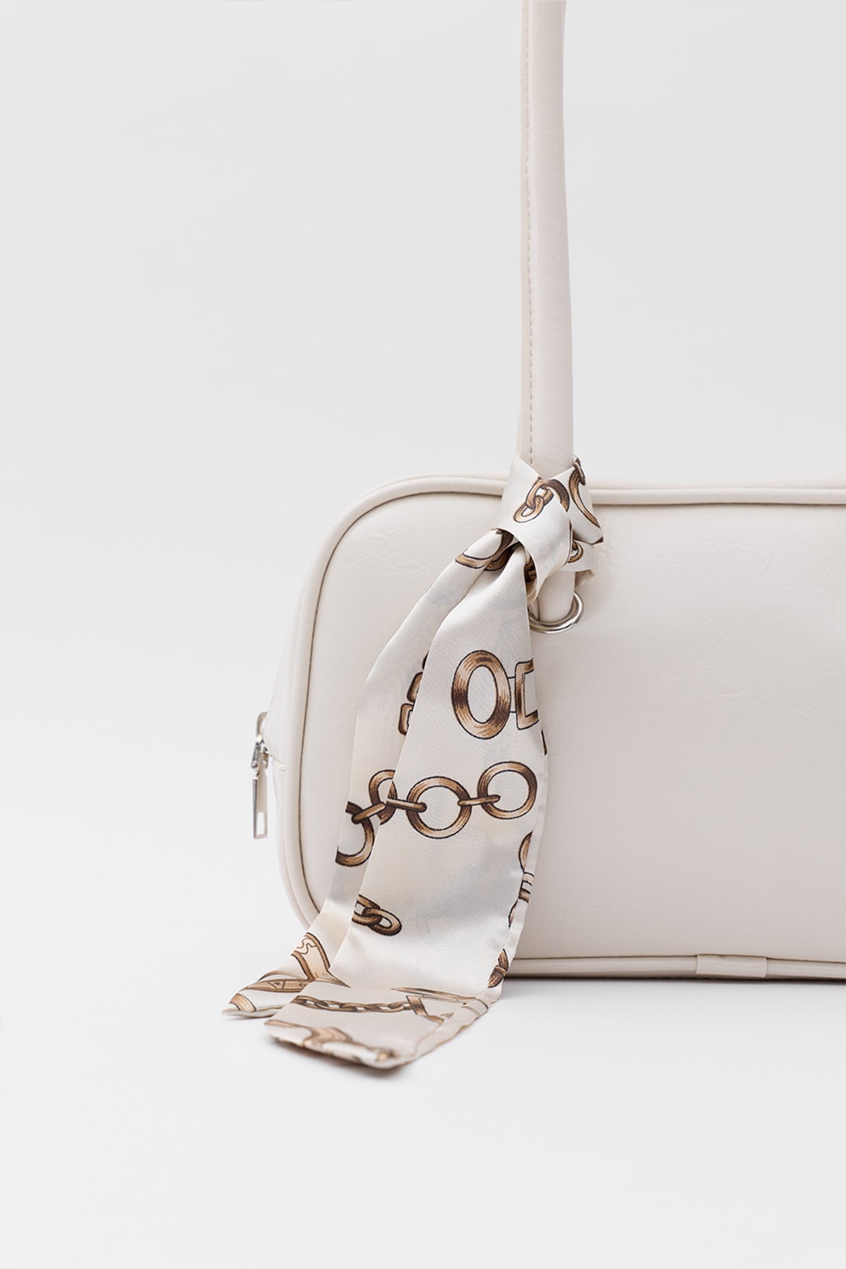 Thurayya Scarf-Detail Baguette Bag in cream, view 3 – Nouva