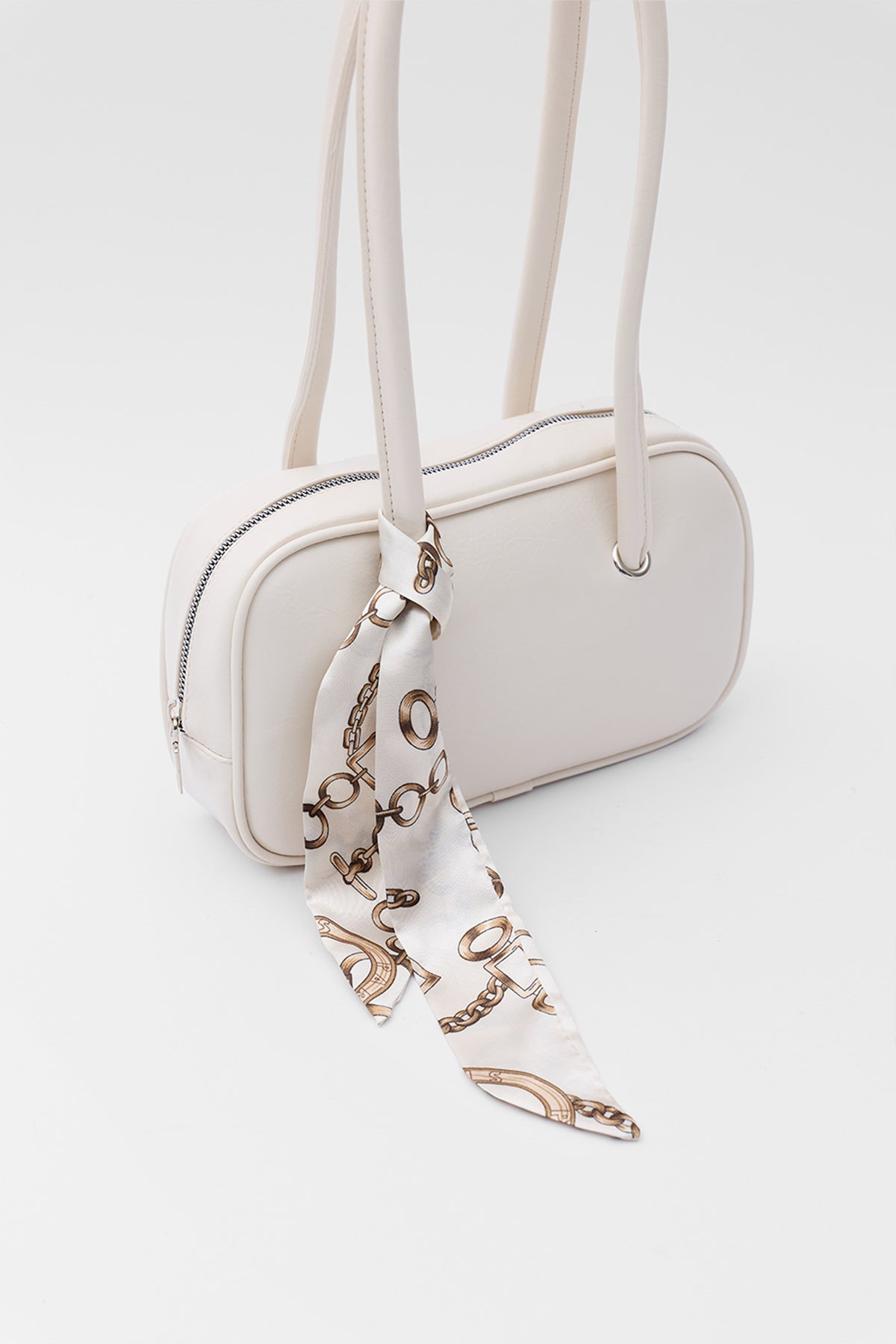 Thurayya Scarf-Detail Baguette Bag in cream, view 4 – Nouva