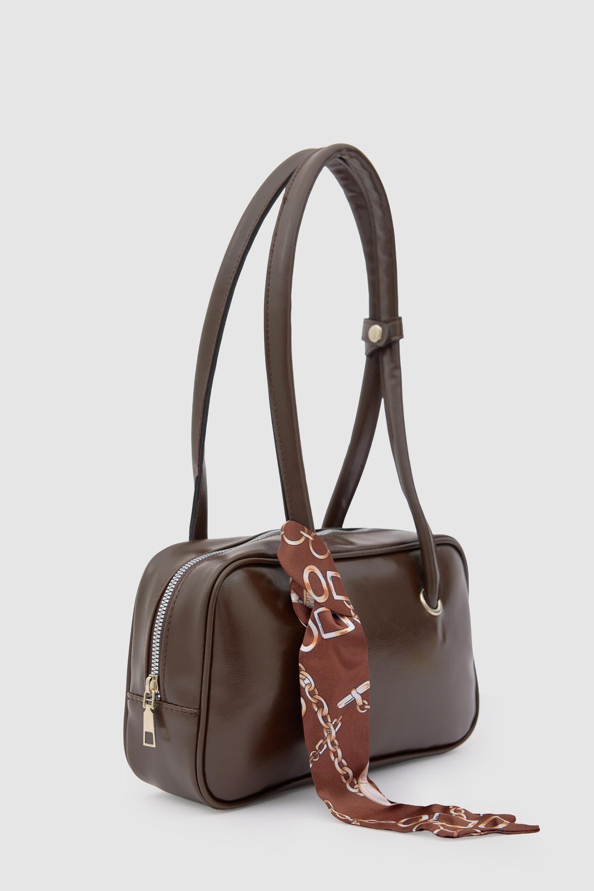 Thurayya Scarf-Detail Baguette Bag in espresso, view 2 – Nouva
