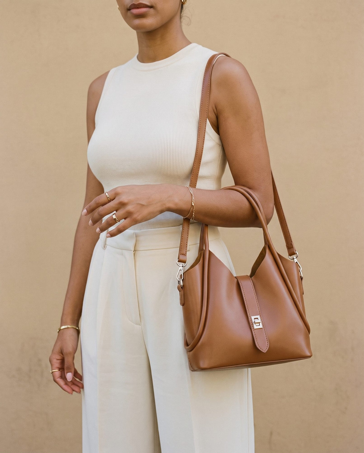 Vega Top-Handle Crossbody Bag in tan, view 5 – Nouva
