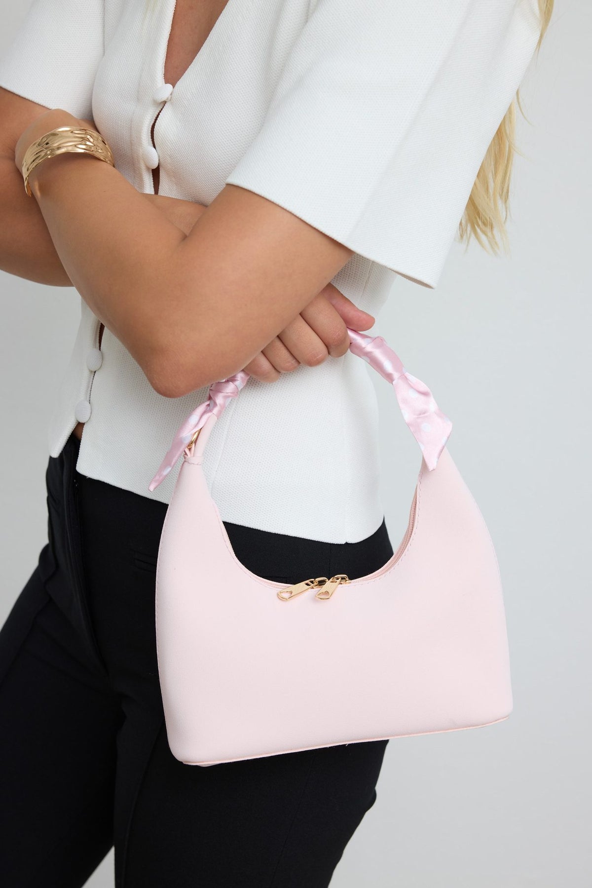 Zuhra Scarf-Detail Crossbody Bag in powder pink, view 2 – Nouva