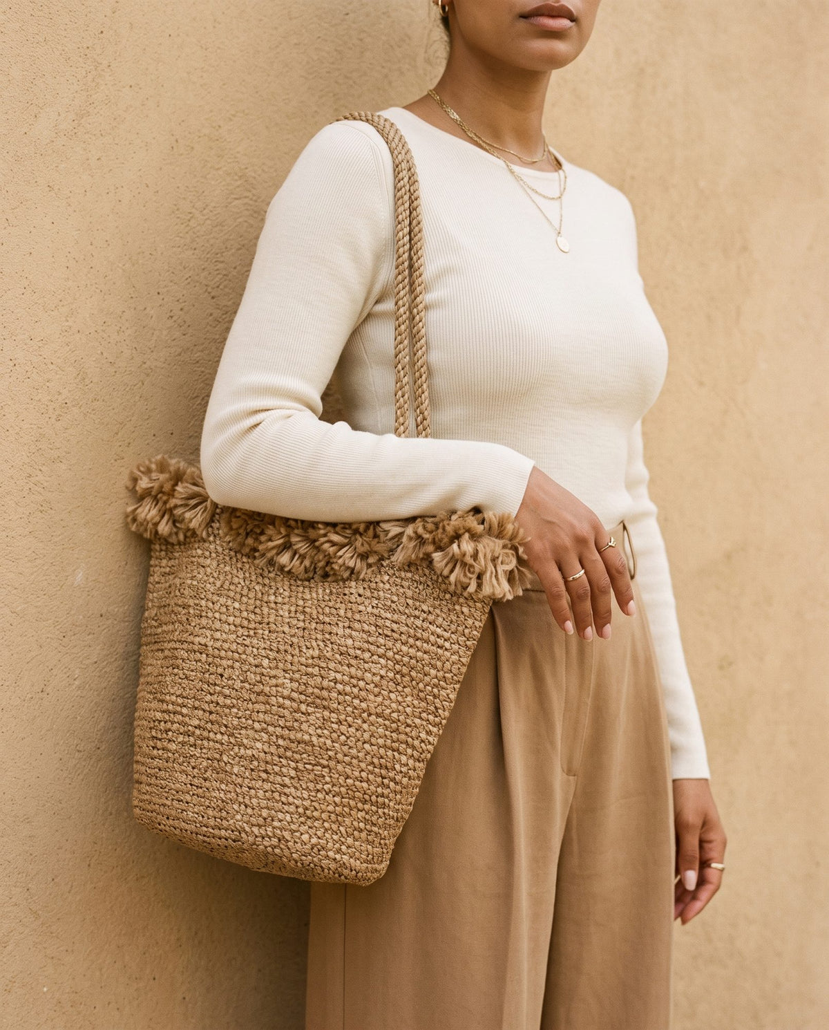 Suha Tasseled Straw Shoulder Bag in taupe, view 2 – Nouva